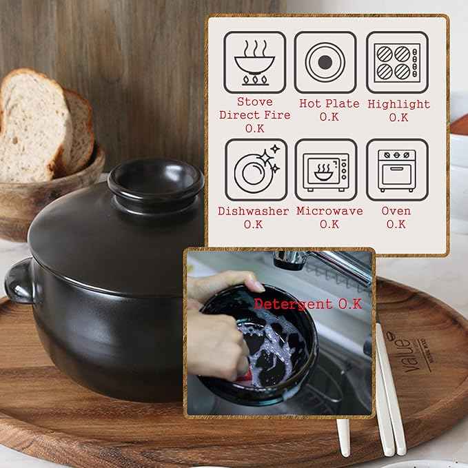 Korean Earthenware Pot Ttukbaegi, Ceramic Clay Cooking Pot Petalite Casserole, Heat Resistant Ceramic Pot, Zero-Crack Stone Bowl Stockpot Soup Cookware (Medium)