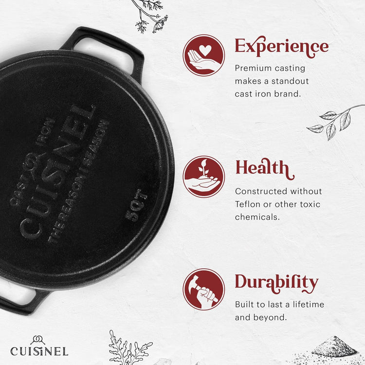 Cuisinel Cast Iron Dutch Oven - 5-Quart Deep Pot - Preseasoned 2-in-1 Multi-Cooker - Combo Lid Doubles as 10"-inch Skillet Frying Pan + Silicone Handle Covers + Scraper - Indoor/Outdoor Bread Cookware - Nestoria