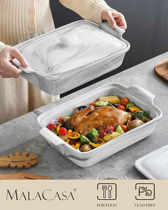 MALACASA Casserole Dish With Lid, 3.4 Quart Baking Dish With Lid, Lasagna Pan Deep Ceramic Bakeware Covered Casserole Dish, Microwave, Oven Safe, Series BAKE-GREY