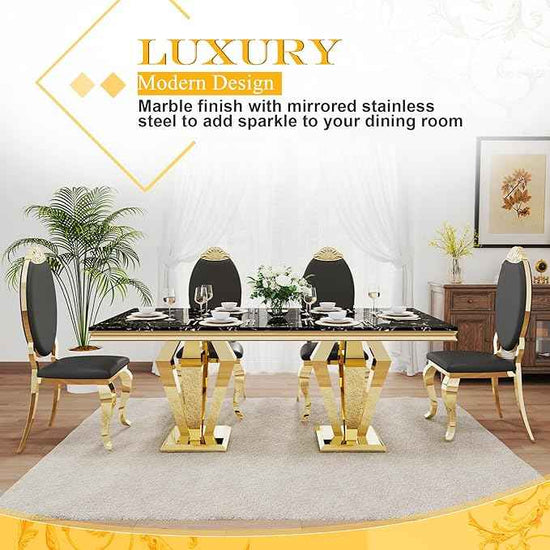 AF ARTISAN FURNITURE 7 Piece Luxury Dining Room Set, Modern Dining Table and Upholstered Chairs Set, Marble Kitchen Table Set for 6, Big Kitchen Dinner Tables Kit with Gold Base