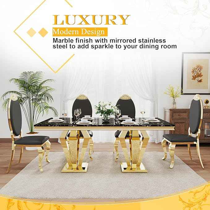AF ARTISAN FURNITURE 7 Piece Luxury Dining Room Set, Modern Dining Table and Upholstered Chairs Set, Marble Kitchen Table Set for 6, Big Kitchen Dinner Tables Kit with Gold Base