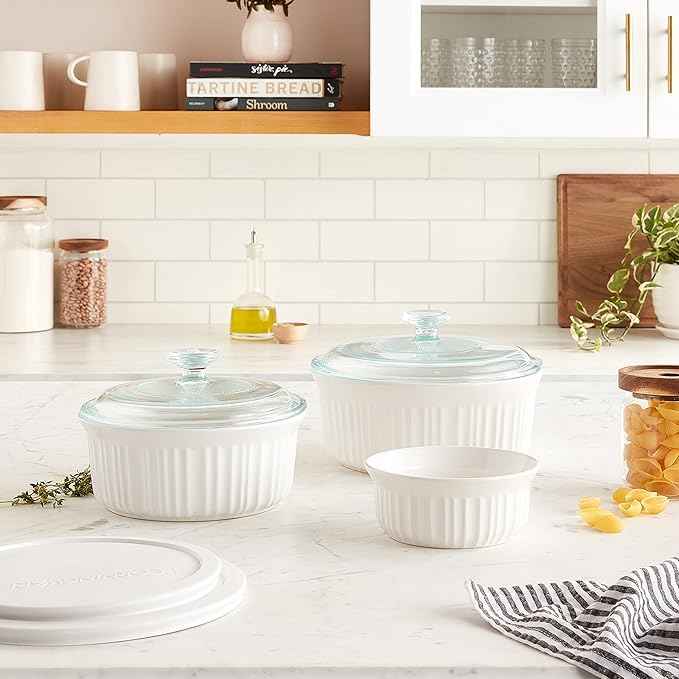 CorningWare French White 7-Pc Ceramic Bakeware Set with Lids Chip and Crack Resistant Stoneware Baking Dish, Microwave, Dishwasher, Oven, Freezer and Fridge Safe