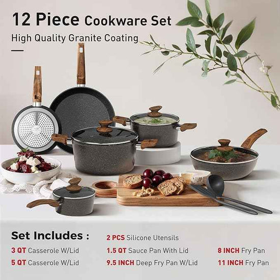 DishDelight Induction Pots and Pans Set Non Stick, 12 Piece Nonstick Kitchen Cookware Sets, Nonstick Granite Cooking Set Induction Pots and Pans, Induction Cookware Sets with Frying Pans, Black