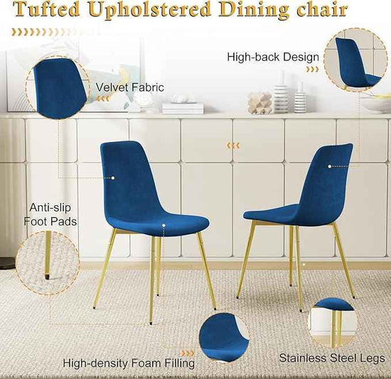 36" Square Glass Dining Table Set for 4, 5-Piece Modern Kitchen Table with 4 Blue Scoop-Shape Velvet Chairs, Modern Circle Leisure Table for Home Office Dining Room Small Spaces (Gold Leg)