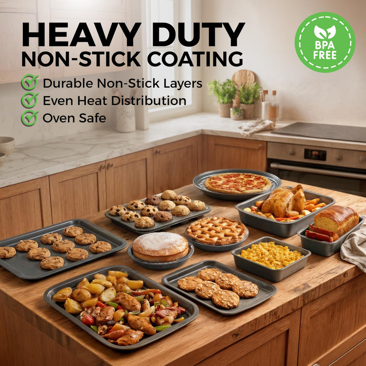 Non-Stick 10-Piece Bakeware Set – Carbon Steel with Even Heat Distribution, Oven Safe to 446°F, BPA-Free, Dishwasher Safe, Stackable Baking Tools for Easy Storage and Everyday Cooking - Gray