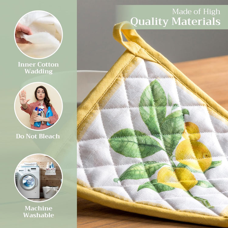 Maison d' Hermine Pot Holders Set 100% Cotton Heat Resistant Potholders 8" x 8" Hot Pads with Loop BBQ, Cooking, Baking, Grilling, Kitchen, Handling Hot Pans Spring/Summer (Pack of 2, Limoncello)