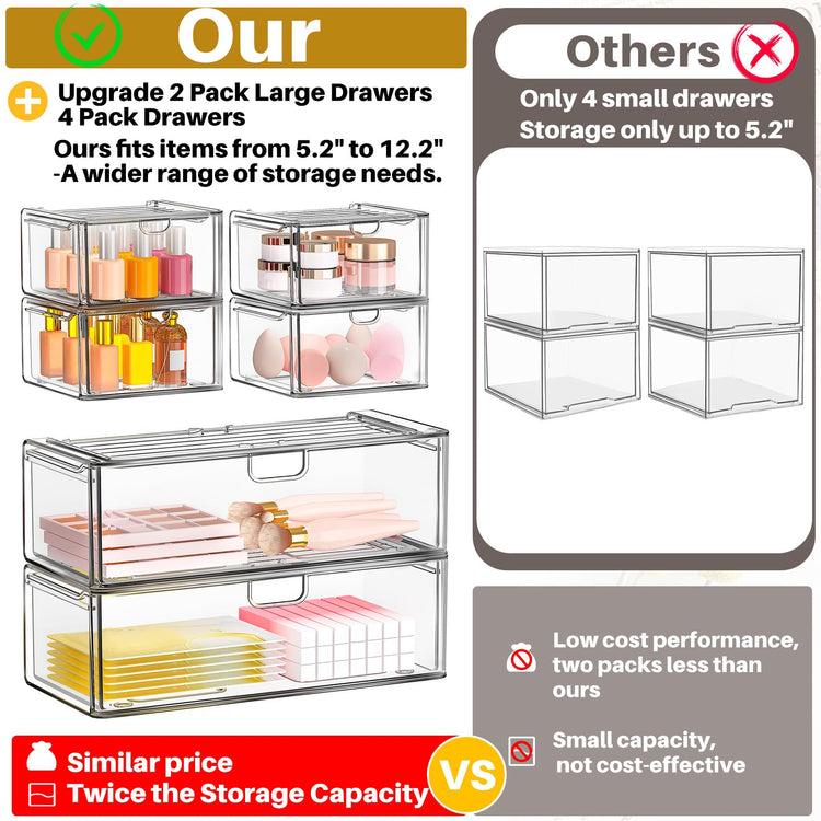 6 Pack Acrylic Stackable Storage Drawers for Vanity