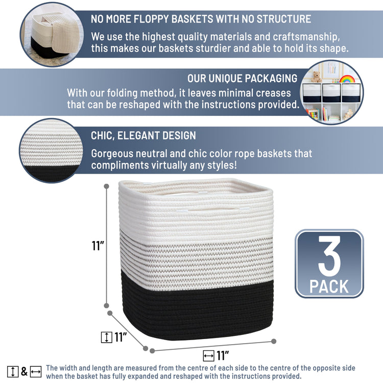 Storage Cubes 11 Inch Cotton Rope Woven Baskets for Organizing (3 Count)
