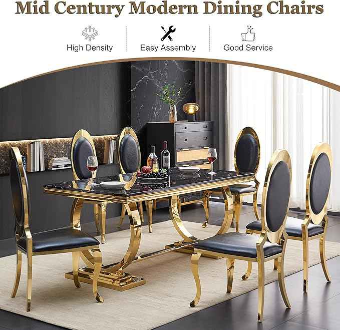 Modern Dining Chairs Set of 6, Luxury Faux Leather Upholstered Armless Dining Room Chair with Mirrored Stainless Steel Gold Legs, Mid Century Accent for Wedding Party Banquet Reception, White