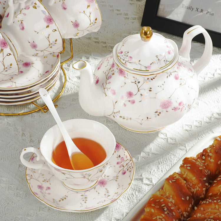 21 Piece English Gold Vine Floral Bone China Tea Sets