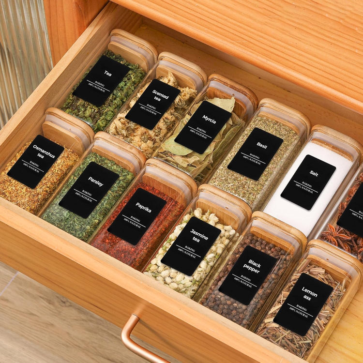 Glass Spice Jars with Labels 10 oz 6 Pack Large Square Bamboo Lids (6 Count)