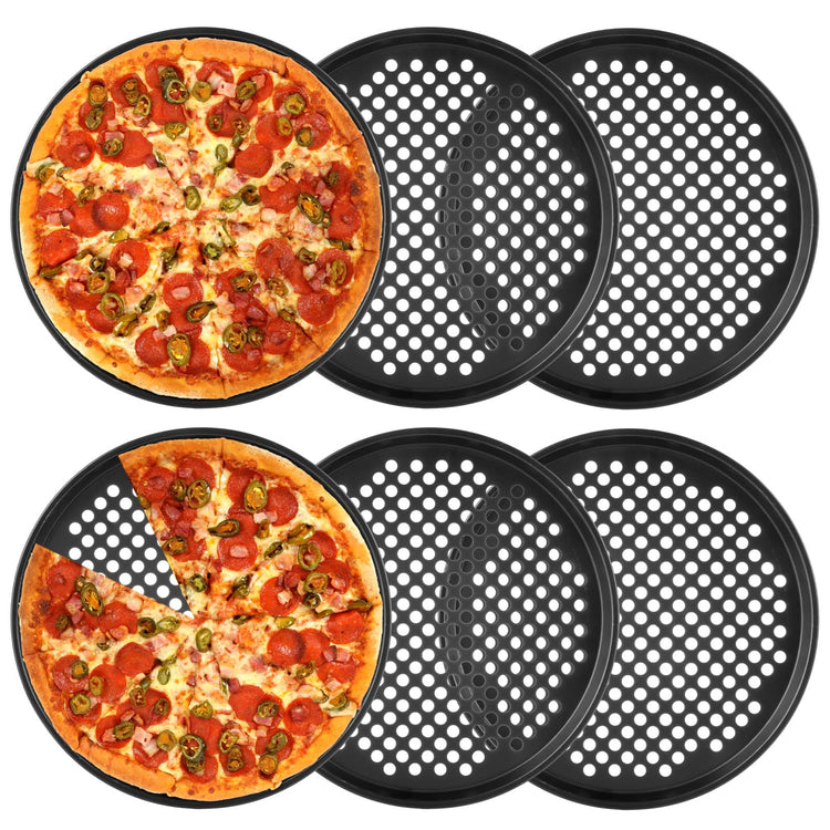 6PCS Pizza Pan with Holes 12 inch Round Pizza Pan Set Nonstick Pizza Baking Pan Carbon Steel Pizza Tray Black Pizza Crisper Pan for Home Baking Kitchen (6 Count)