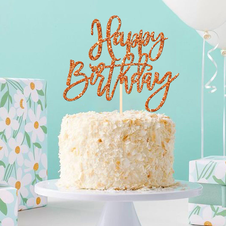 1 PCS Happy Birthday Cake Topper Glitter Happy Birthday Cake Pick for Celebrating Happy Birthday Anniversary Theme Party Cake Decorations Supplies Orange
