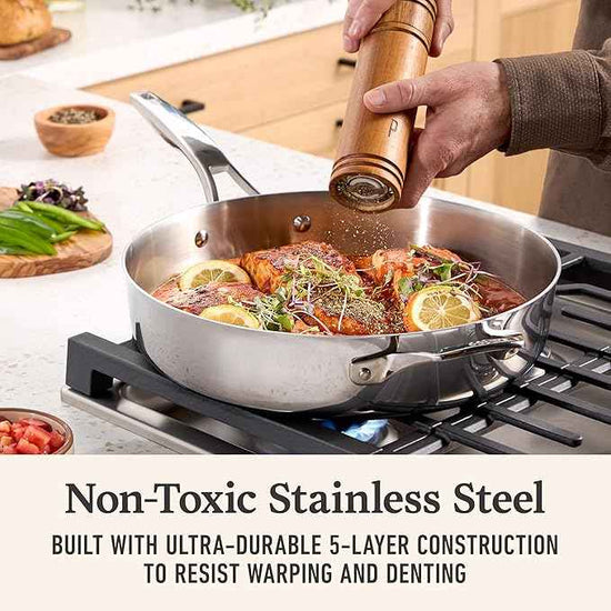 Calphalon Premier Polished 5-Ply Stainless Steel Cookware Set w/Turbo Heat Tech 6 Piece Includes Frying Pans, Pots and Pans Set, Induction, Oven Safe 500F, PFOA Free, Polished Stainless Silver