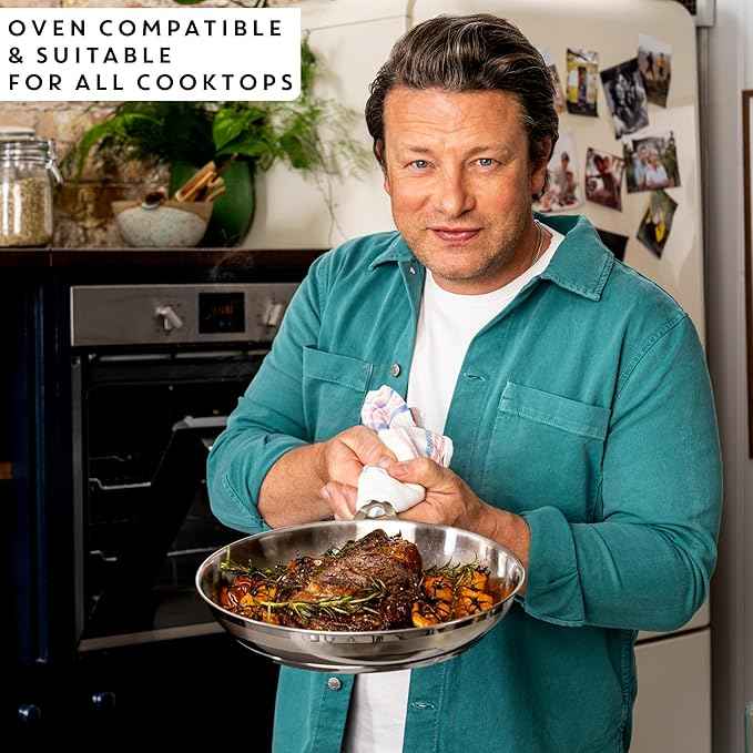 T-Fal x Jamie Oliver Stainless Steel Fry Pan 9.5-Inch, Induction Compatible, Oven Safe up to 500°F, Chef's Stainless Steel Skillet, Frying Pan, Silver