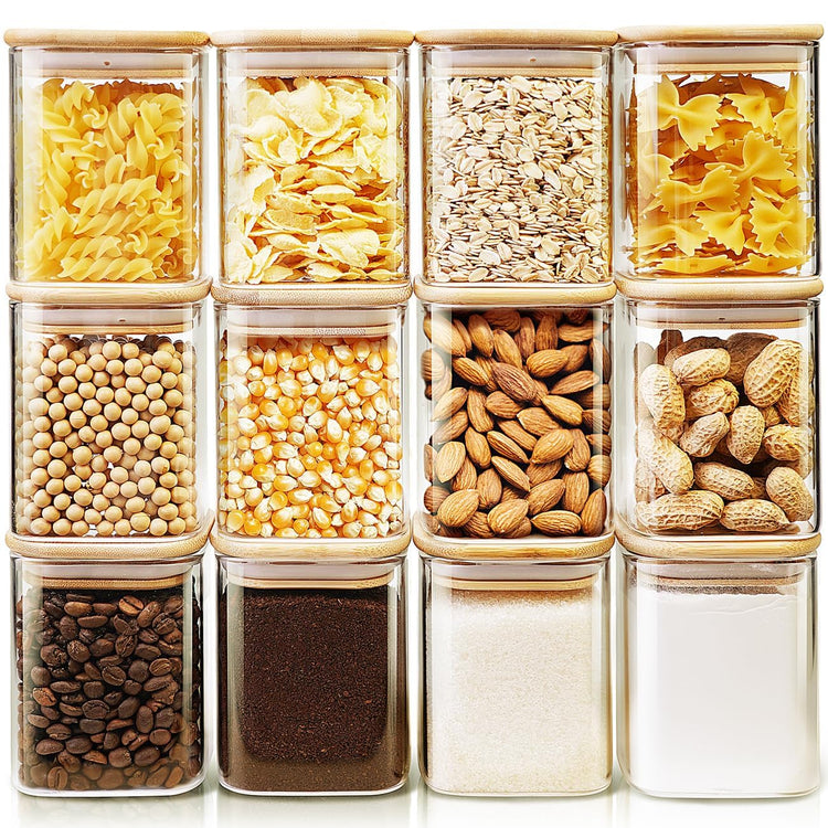 17 oz Square Glass Food Storage Containers with Airtight Bamboo Lids 12Pack (12 Count)