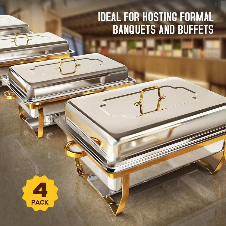 Chafing Dishes for Buffet 4 Pack, [Elegant Gold and Silver] Stainless Steel Chafing Dish Buffet Set, 9QT No-Finger Cut Roll Edge Chafers and Buffet Warmers Sets for Party (Gold 1/2 Panx2+Full Panx2)