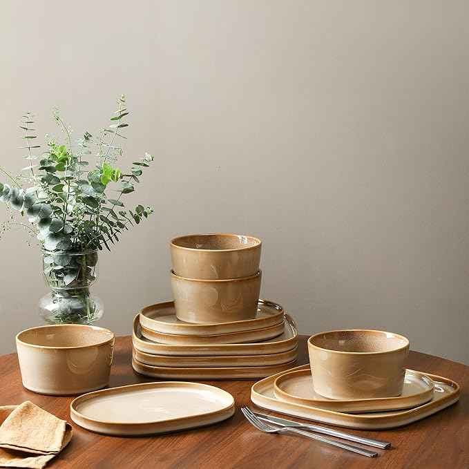 Stone Lain Cairo 12-Piece Dinnerware Set Stoneware, Plates and Bowls Set, Microwave and Dishwasher Safe, Includes Dinner and Salad Plates, Cereal Bowls, Dishes for 4, Sand