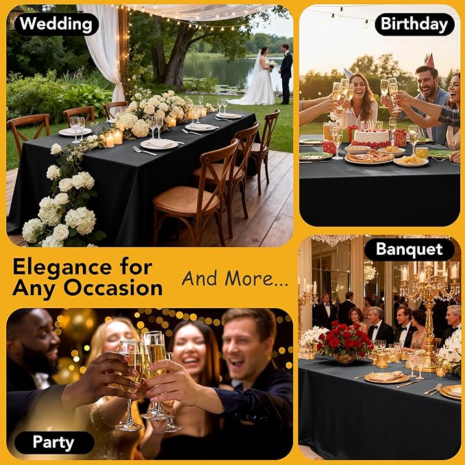 6-Pack Black Tablecloths for Rectangle Tables, 90 x 132 Inches, Stain-Resistant Polyester Fabric for 8 Foot Tables - Washable Table Covers for Weddings, Banquets, Birthday Parties, Events
