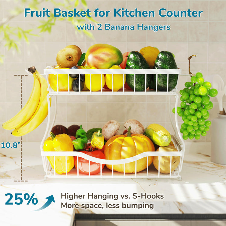 Large 2 Tier Fruit Basket for Kitchen Counter with 2 Banana Hangers (2 Count)