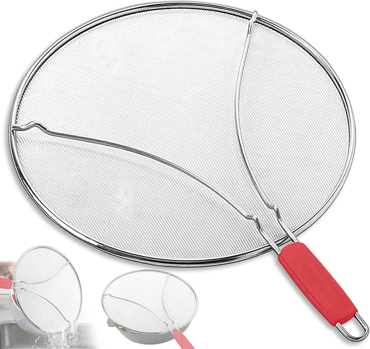 Splatter Screen for Frying Pan & Food Strainer,13 Inch Stainless Steel Grease Splatter Guard,Shield from Splashing Oil, Dishwasher Safe(Red)