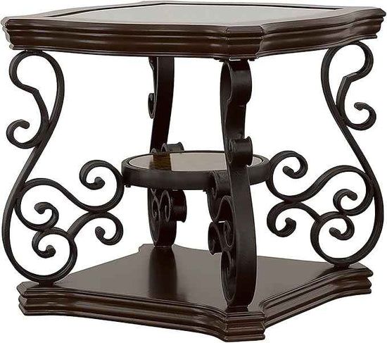 Coaster Home Furnishings - Laney - 1-Shelf Glass Top Rectangular End Table with Metal Legs, Scrollwork Design and Polished Wood Surface - Living Room - 26-Inch - Dark Merlot - 702447