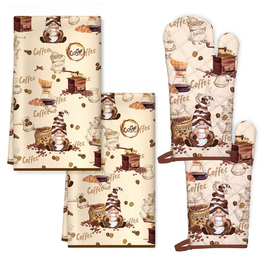 Vintage Coffee Kitchen Towels and Oven Mitts Set 4Pcs (4 Count)