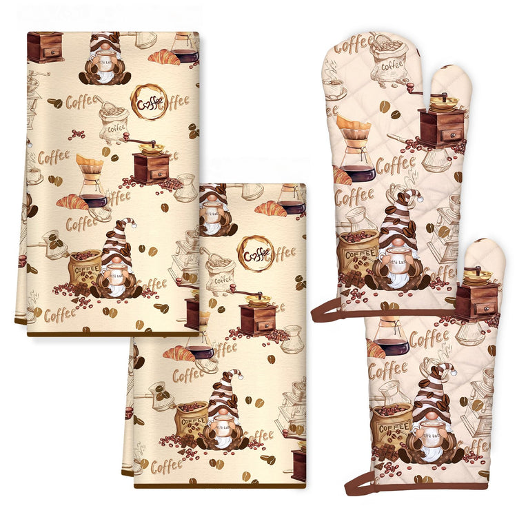 Vintage Coffee Kitchen Towels and Oven Mitts Set 4Pcs (4 Count)