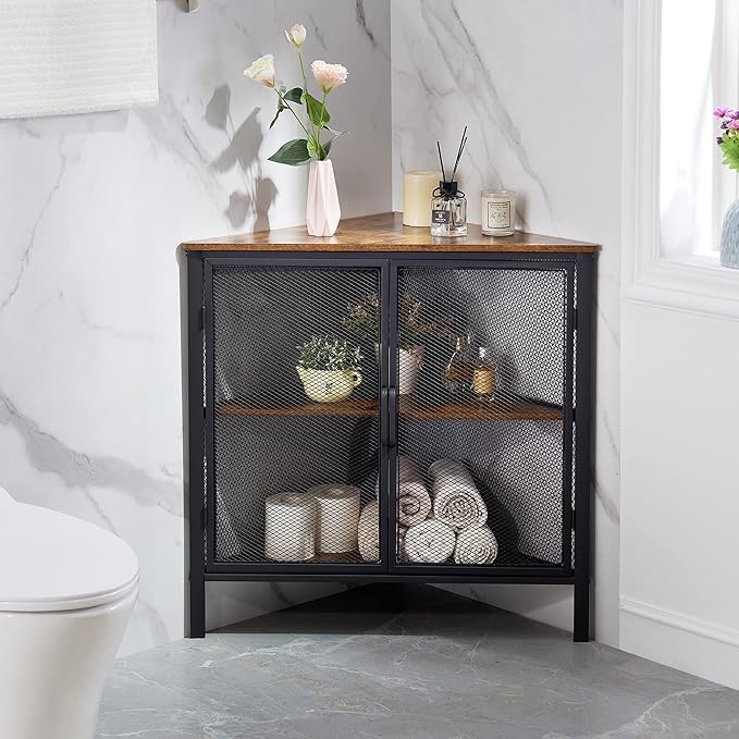VECELO Corner Cabinet/Table, 3-Tier Display Shelves with Protection Door, Metal Frame Storage Shelf Organizer for Small Space, Living Room, Kitchen, Bathroom