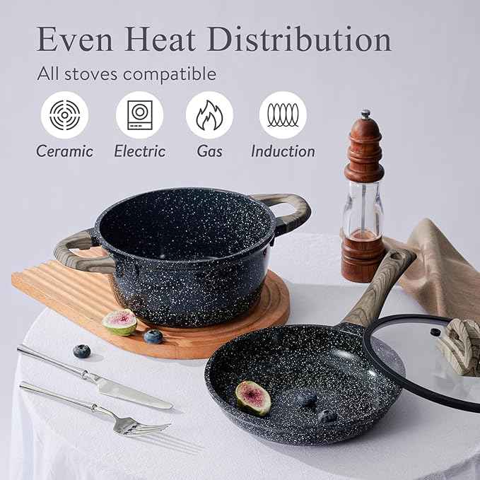 Ceramic Cookware Set 22 Piece Nonstick Pots and Pans Set Non Stick Kitchen Cooking Sets 8"Frying Pans with Lid,Black Granite Non-Toxic Induction Kitchen Cookware w/Glass Lids PFOS/PFOA-Free