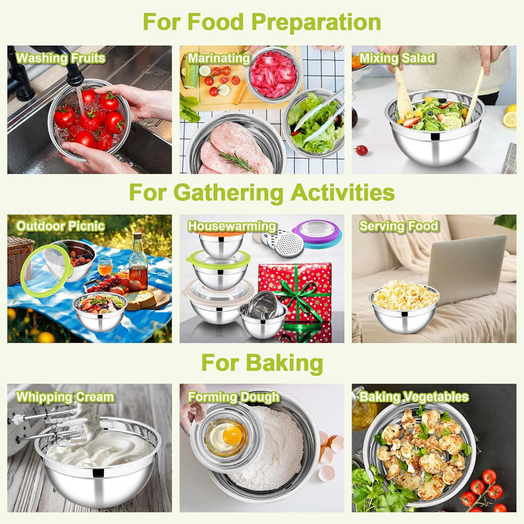 E-far Mixing Bowls with Lids Set of 5, Stainless Steel Salad Mixing Bowl with Transparent Lid, Metal Nesting Storage with 3 Graters for Kitchen Prepping/Serving/Baking, 4.6/2.6/1.5/1/0.7 QT - Colorful