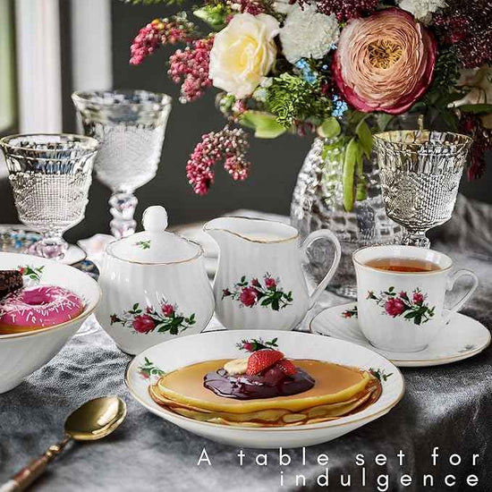 Lynns Paradise 45-Piece Vintage Rose Dinnerware Set, 24K Gold Trim | Embossed Swirl Floral Plates & Bowls | Apartment Essentials | Home Kitchen Dinner Accessories