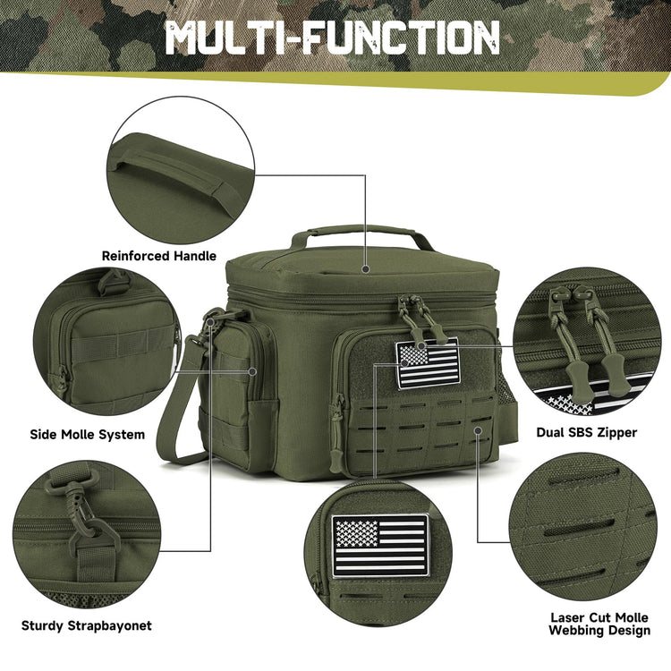 Tactical Lunch Bag for Mens Military Heavy Duty Lunch Box Work Leakproof Insulated Durable Thermal Cooler Bag for Adult Meal for Office Camping Picnic Pail MOLLE Webbing Army Green