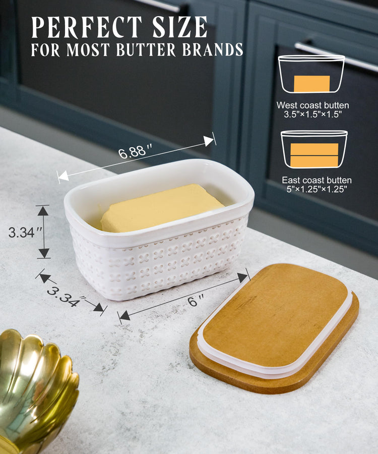 Ceramic Butter Dish Embossed Butter Keeper with Wood Lid for Countertop