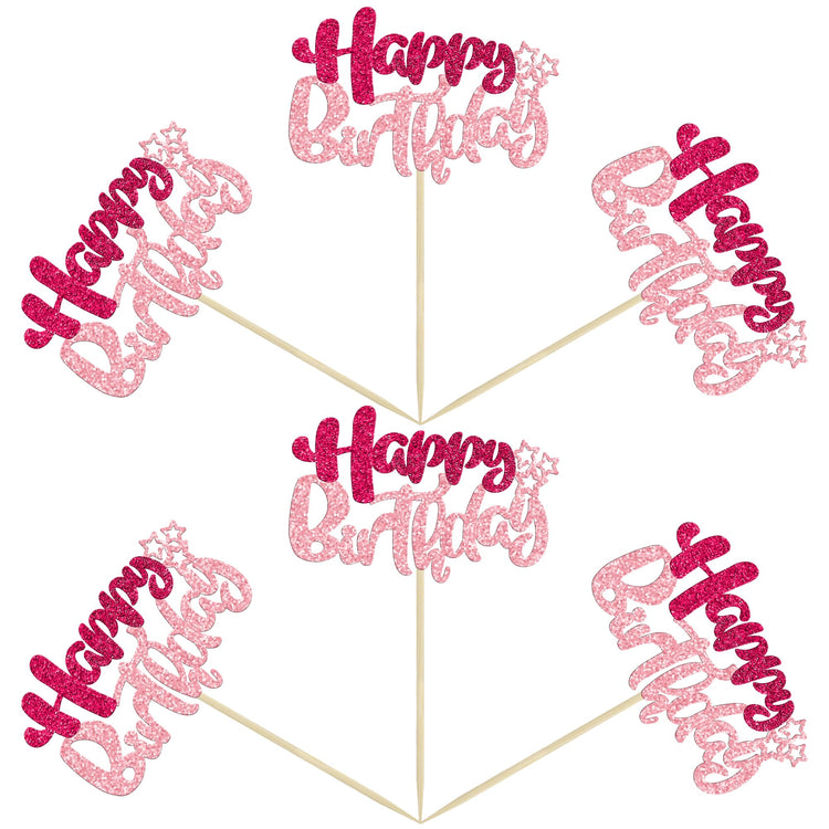 24Pcs Happy Birthday Cupcake Toppers Double Layer Glitter Happy Birthday Cake Decorations for Celebrating Baby Shower Theme Kids Boys Girls Birthday Anniversary Party Supplies Rose Red Pink (24 Count)