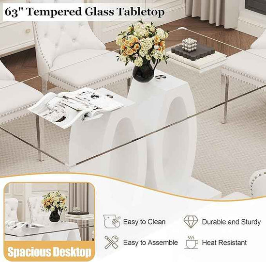 63" Glass Dining Table Set for 6, 7-Piece Rectangular Kitchen Table with Tempered Glass Top, White Double O-Shaped MDF Base, and 6 White Velvet Upholstered Chairs for Dining Room, Living Room, Office