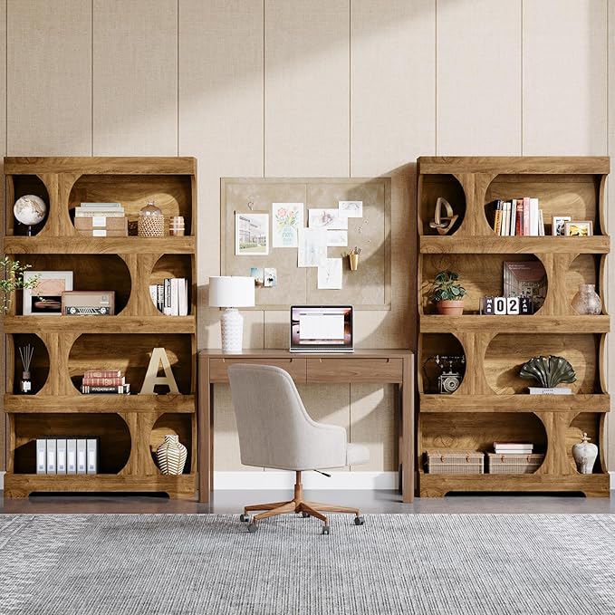 Tribesigns 71" Tall Bookcase Set of 2, 4-Tier S-Shaped Bookshelf, Wood Decorative Storage Shelving, Modern Freestanding Display Shelves, Large Library Bookshelf Unit for Home Office Living Room, Brown