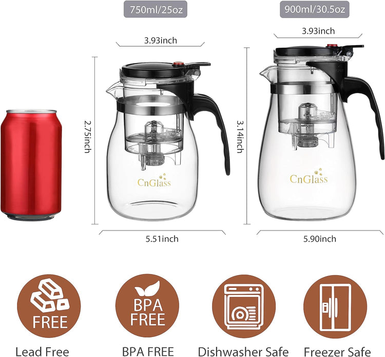 CNGLASS Glass Teapot with Removable Infuser,25oz Clear Tea Kettle with One Button Press to Filter the Tea Soup,Loose Leaf and Blooming Tea Maker