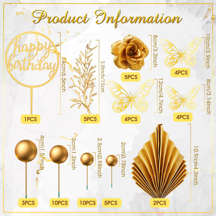52 Pcs Gold Happy Birthday Cake Topper Decoration Boho Wedding Cake Topper Rose Flower Butterfly Palm Leaves Balls Birthday Decoration for Women Men Party Decor