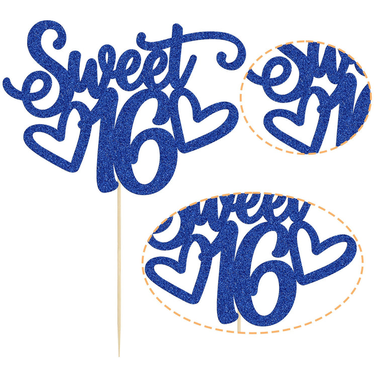 1Pc Sweet Teenager 16 Cake Topper Glitter 16th Birthday Cake Pick for Cheers to 16 Years Old 16th Birthday Party Cake Decorations Supplies Blue