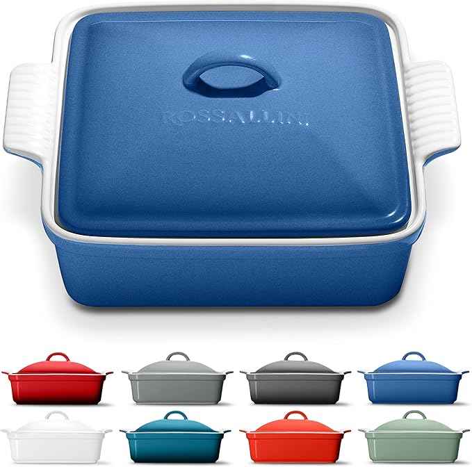 Stoneware Casserole Dish Bakeware with Lid | Covered Square Dinnerware | Medium 2 Quart, [Reactive Blue]