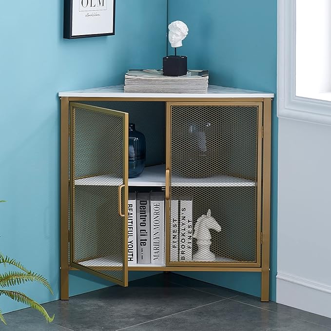 VECELO Corner Cabinet Table with 3-Tier Shelf, Freestanding Storage Organizer for Small Space in Living Room/Bedroom/Kitchen, Two Doors, Gold