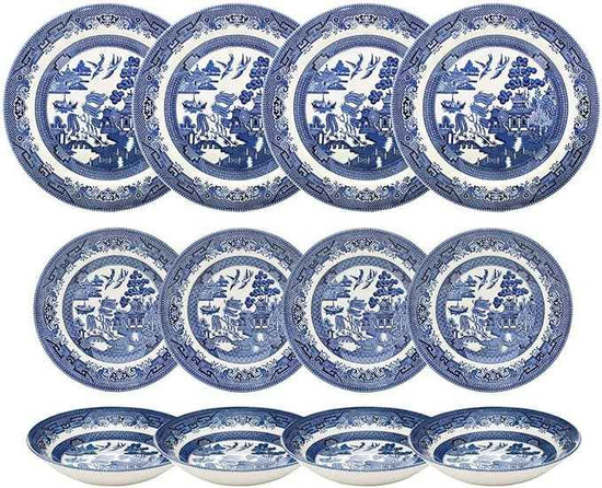 Churchill Blue Willow Dinner Plates, Salad Plates and Coupe Bowls 12 Piece Dinnerware Set, Made In England