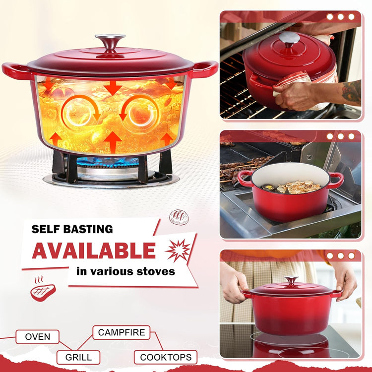 Small 3 Quart Dutch Oven, HaSteeL Round Cast Iron Cooking Pot with Lid, Nonstick Enameled Cookware for Sourdough Bread Baking Roasting Stewing Braising Frying, Heavy Duty & Oven Safe 500℉, Red - Nestoria