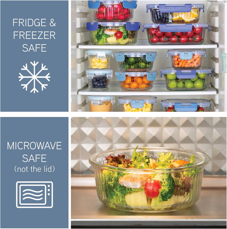 COOK WITH COLOR Premium 32-Pc. Borosilicate Glass Food Container Set with Dividers - 4 Rectangles, 8 Rounds, 4 Squares - Leakproof Lids - Meal Prep, Storage, Fluted Ombre Blue