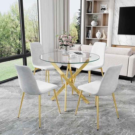 AF ARTISAN FURNITURE 36" Round Glass Dining Table Set for 4, 5-Piece Modern Kitchen Table with 4 White Velvet Chairs, Modern Circle Leisure Table for Home Office Dining Room Small Spaces (Gold Leg)