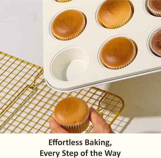 CAROTE 7-Piece Nonstick Ceramic Baking Pans Set - Bakeware Sets Including Cookie Sheets for Baking, Muffin Pan, Bread Pan, Cake pan, Loaf Pan, Roasting Pan, and Cooling Rack, Yellow & White