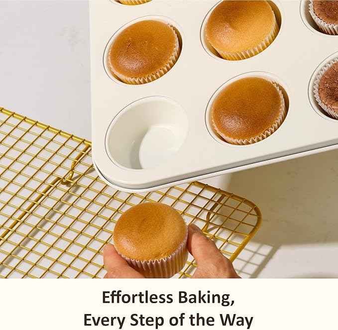 CAROTE 7-Piece Nonstick Ceramic Baking Pans Set - Bakeware Sets Including Cookie Sheets for Baking, Muffin Pan, Bread Pan, Cake pan, Loaf Pan, Roasting Pan, and Cooling Rack, Yellow & White