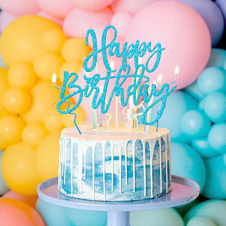 1 PCS Happy Birthday Cake Topper Glitter Happy Birthday Cake Pick for Celebrating Happy Birthday Anniversary Theme Party Cake Decorations Supplies Light Blue