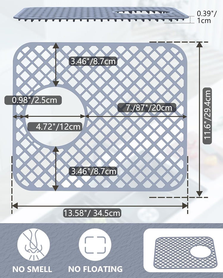 2 Pack Silicone Sink Protectors for Kitchen Sink, Lozenge Pattern 13 x 11 Inches Sink Mat, Non-Slip and Durable Sink Protector Silicone, Rear Drain, Gray